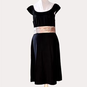 Adrianna Papell Satin Dress Pleated Color Block Black Tan 10